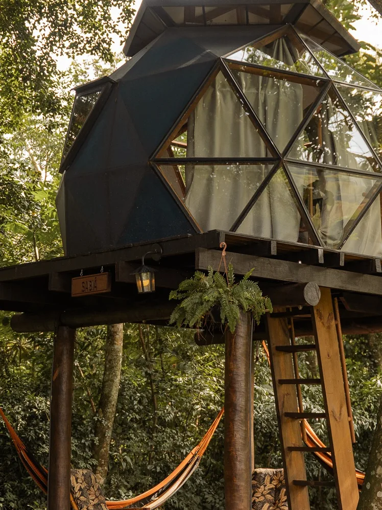 Cabana em formato de domo sobre palafitas, entre as árvores